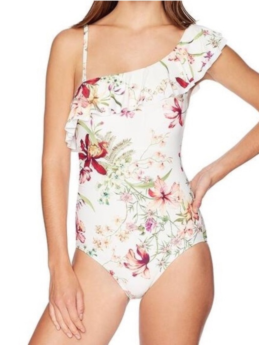 Carmen Marc Valvo garden party floral one shoulder ruffle bathing suit sz 12
